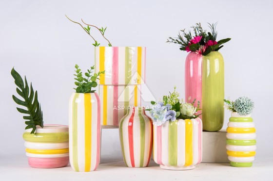 Multi-Colored Striped Floral Vase