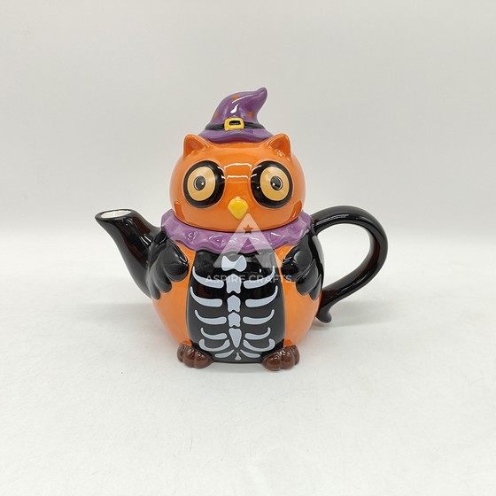 Ceramic Halloween Skeleton Owl Teapot