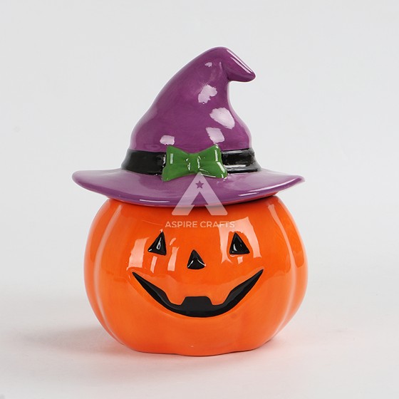 Ceramic Halloween Pumpkin with Purple Hat