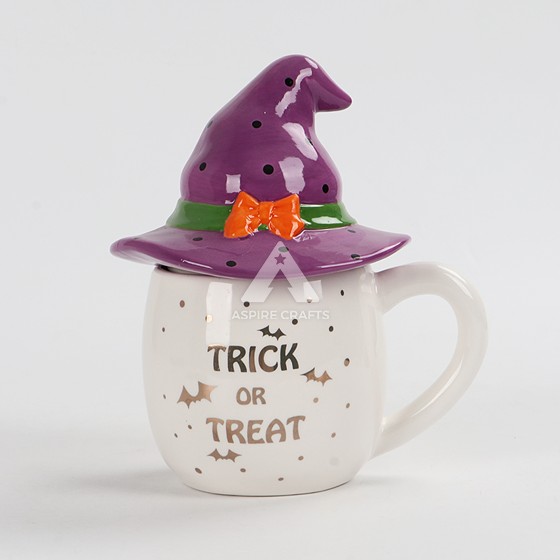 Ceramic Halloween White Cup with Purple Hat Lid