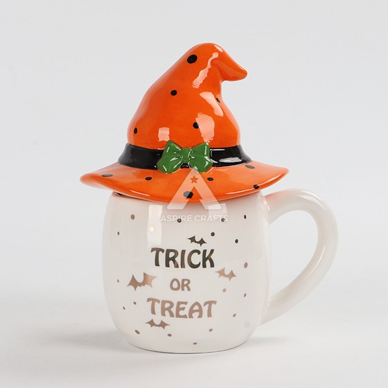 Ceramic Halloween White Cup with Orange Hat Lid