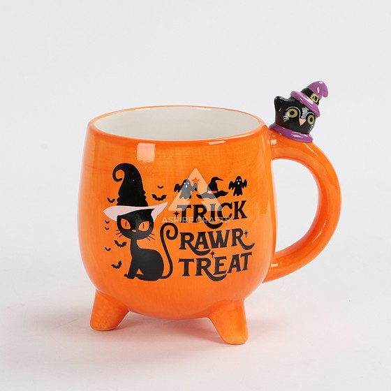 Ceramic Halloween Orange Cup with Adorable Cat Design