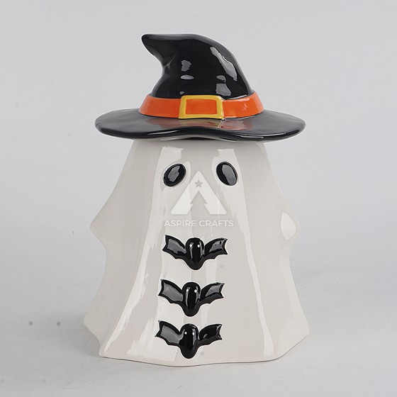 Ceramic Halloween Ghost with Black Hat