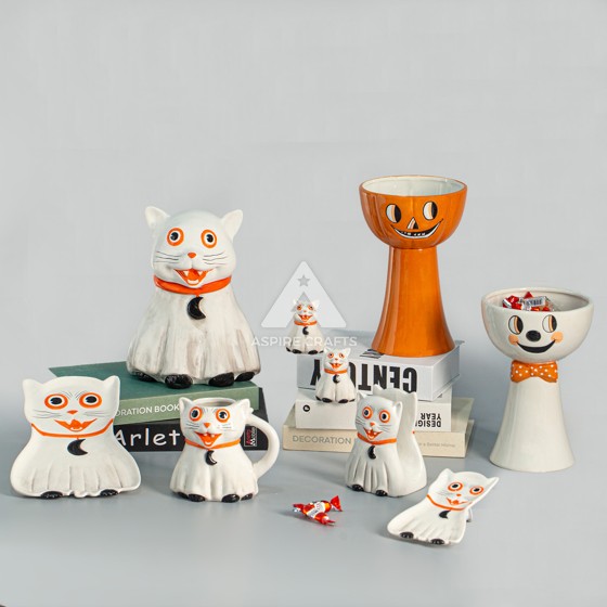 Ceramic Halloween Decor: Spooky White Cat Statue