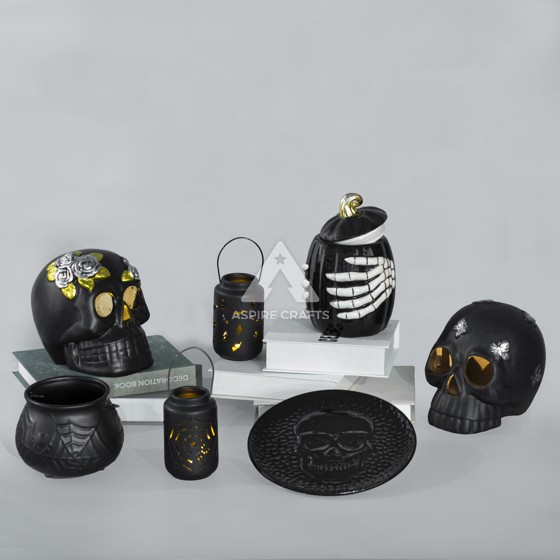 Ceramic Black Skull Ornament: Haunting Halloween Decor