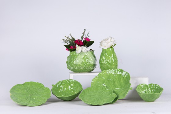 Leaf-Shaped Green Ceramic Planter and Tray