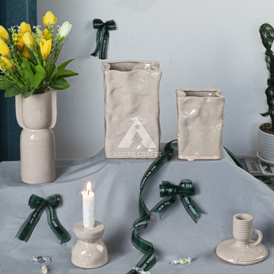 Ceramic Vase with Matching Candleholder for Home