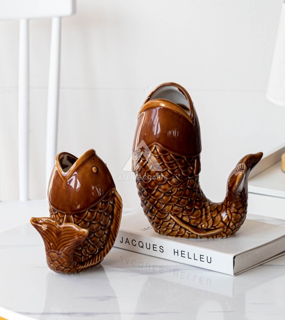 Ceramic Deep Brown Fish Ornament for Elegant Home Decor