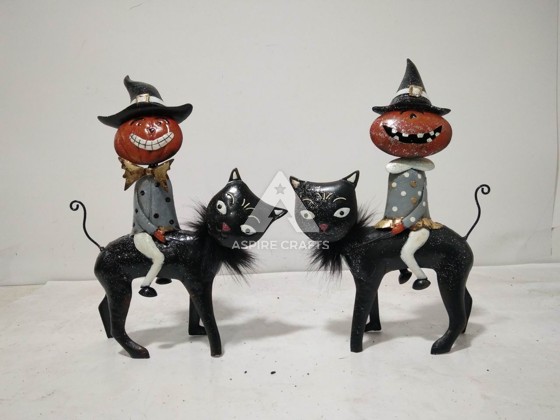 Spooky Iron Halloween Pumpkin Riding a Black Cat Ornament