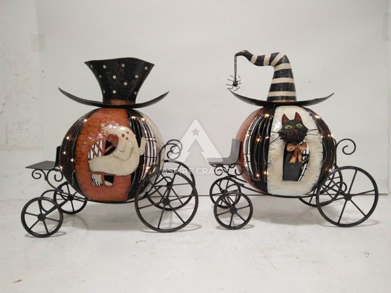 Charming Iron Pumpkin Cart Sculpture